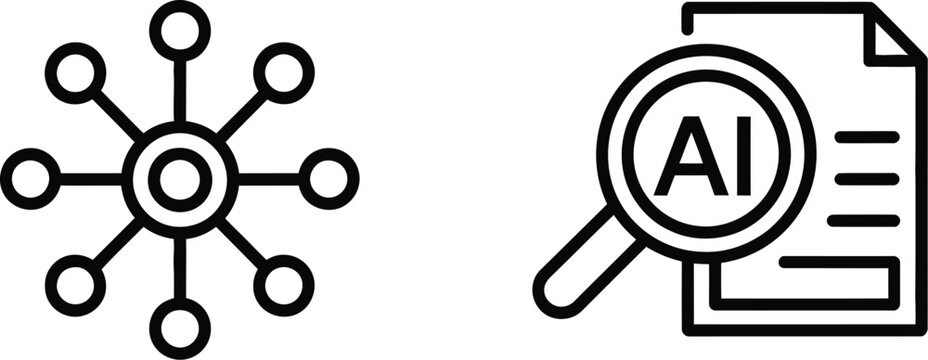 Digital content hub icon featuring AI article tracker, artificial intelligence analysis, content management, and editable line vector illustration.