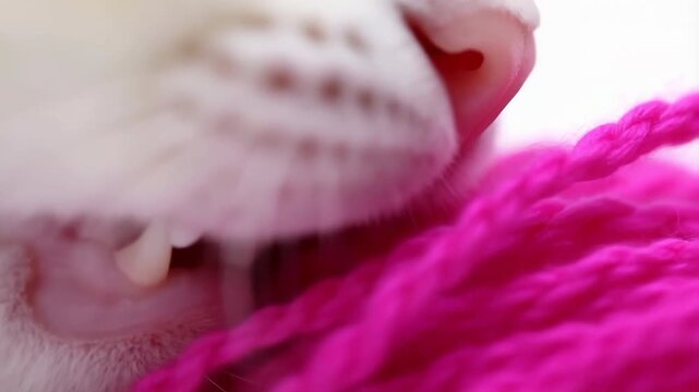 Macro close-up of pale canine snout gently nibbling bright magenta yarn in clean studio light, showing soft fur, whiskers, teeth, and tactile fiber contact with subtle motion