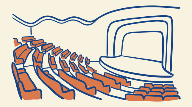 Stylized Doodle Art Depicting an Indoor Auditorium Space, Featuring a Stage and Curved Seating Layout, Waiting for a Cultural Event or Performance