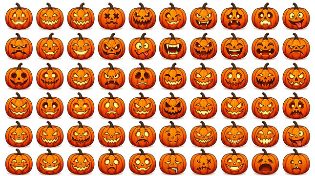 Large collection of different halloween pumpkin jack-o-lantern faces