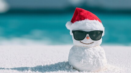 Obraz premium Snowman standing on a tropical beach. It is wearing a Santa hat and sunglasses, symbolizing warm Christmas themes