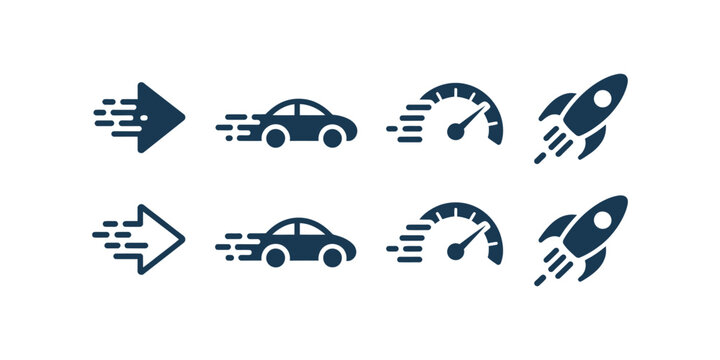 Speed icons, rocket, arrow, car and gauge symbols for fast performance, acceleration and motion vector illustration