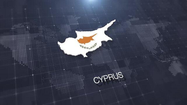 Cyprus map with national flag on digital world map background, geographic border, global political and international news concept