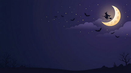 Naklejka premium Halloween Background Featuring A Witch Riding A Broomstick Over A Glowing Crescent Moon In A Dark Starry Night Sky With Bats