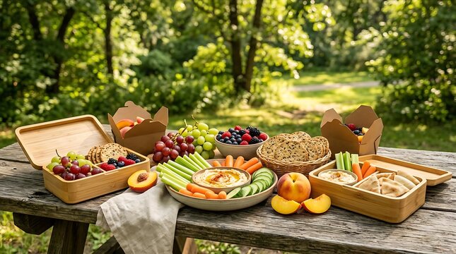 Healthy picnic food spread with fresh fruits and vegetables on a wooden table in a green park. summer snack packs