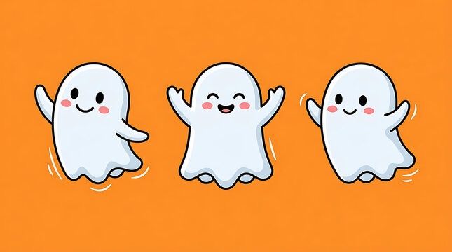 Three happy cute white ghosts cartoon character set on orange background