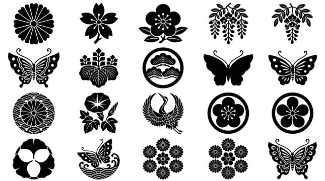Traditional Japanese family crest set featuring floral and animal motifs in monochrome