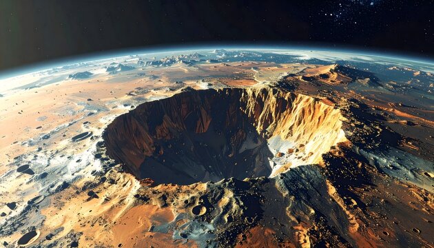 Aerial view of a massive meteorite impact crater on Earth's desert surface at sunrise