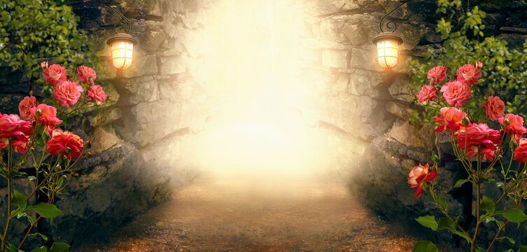 Fantasy dungeon cave with rose flowers and glowing lanterns on walls, lamp illuminate magical trail leading out from old ancient cavern, scene with abandoned ruins, road, mystical glow and tunnel.