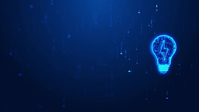 Glowing light bulb tech visual cyan electric symbol, soft blue data rain, and empty dark layout. Perfect for innovation clips, energy explainers, product ideas, app promos, and motion graphics.