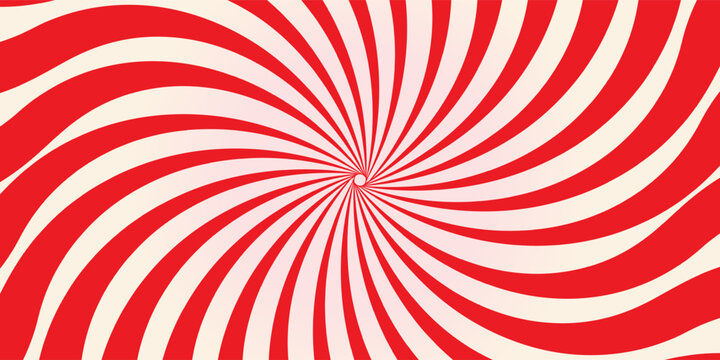 Red and white spiral swirl background vector, retro twisted sunburst rays for circus tent, peppermint candy pattern, pop art comic hypnotic background, radial curved lines, bright sale banner design.