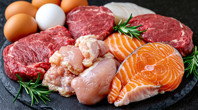 Top down arrangement of fresh uncooked proteins with juicy beef steaks, skin on chicken pieces, salmon fillets, white fish and eggs on a matte black slate slab decorated with rosemary sprigs, balanc