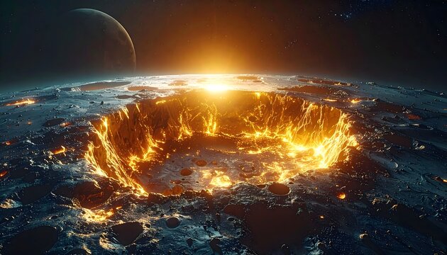 Massive meteor impact crater glowing on alien planet surface at sunrise