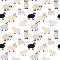 Cute hand-drawn seamless sheep pattern with white, grey, and black rams isolated on transparent background. Perfect for baby textiles, nursery decor, custom product packaging, and scrapbooking. © September girl