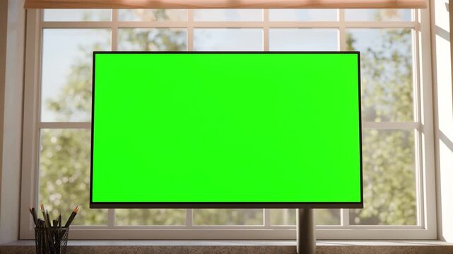 Desktop Computer Screen Mockup Collection in Bright Modern Office with Chroma Key and Tracking - Front View