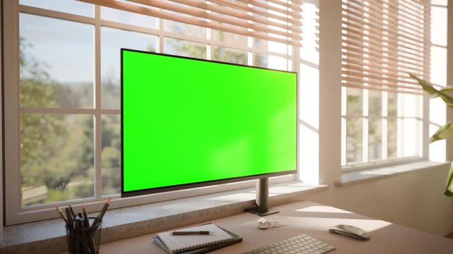 Desktop Computer Screen Mockup Collection in Bright Modern Office with Chroma Key and Tracking - Prespective View