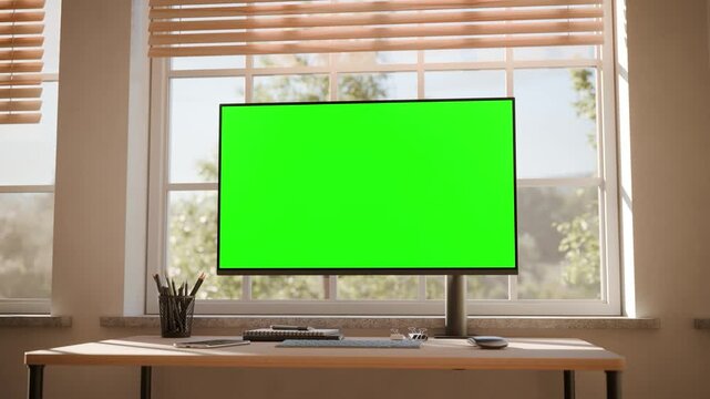 Desktop Computer Green Screen Mockup in Bright Modern Office - Orbit
