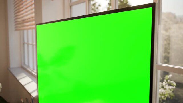 Desktop Computer Screen Mockup Collection in Bright Modern Office with Chroma Key and Tracking - Prespective View