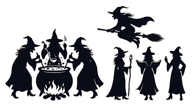 Group of witches with cauldron and flying silhouette icons silhouette cauldron