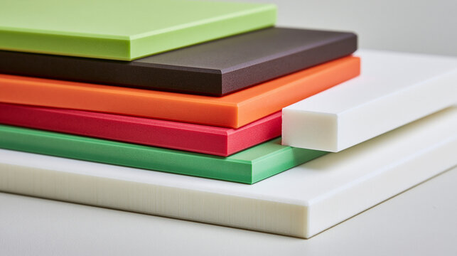 Colorful fused plastic board samples, sustainable recycled material for design and corporate concepts