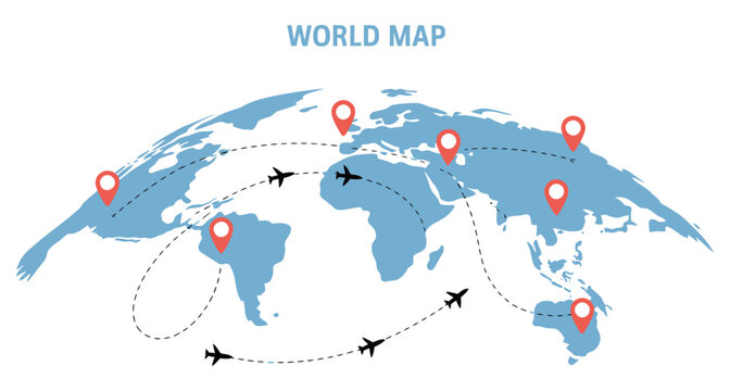 World map infographic icons featuring multiple location pointers, global communication networks, business presentation templates, and data visualization elements, vector, designs