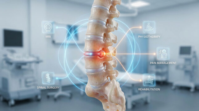 Lumbar vertebra herniated disc spine anatomy medical clinic pain management rehabilitation surgery therapy digital interface