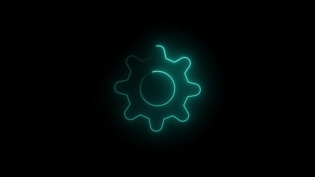 Glowing gray neon gear icon rotating loop on dark background, modern technology, mechanical settings symbol, futuristic digital engine concept.
