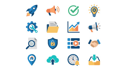 Fototapeta premium Clean Flat Icons Set Showcasing Business Marketing Technology and Productivity Concepts in Bright Colors