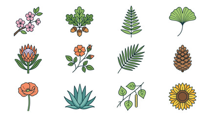 Naklejka premium Sleek Collection of 12 Minimalist Botanical Illustrations Showcasing Flowers Leaves and Seeds in Earthy Tones