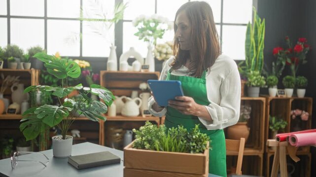 Woman florist in green apron holding tablet and checking plants by wooden crate and rolls of wrapping paper in studio; focused planning.