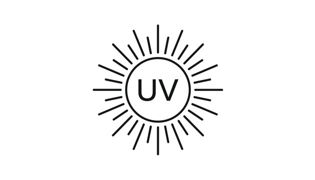 Ultraviolet protection index icon showing the sun with shining rays and letters UV in the center, isolated on a white background.
