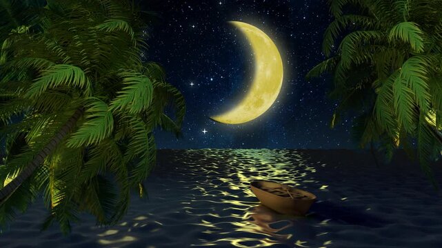 Lonely Boat Under The Crescent Moon - Dreamy Tropical Night Scene with Crescent Moon and Boat