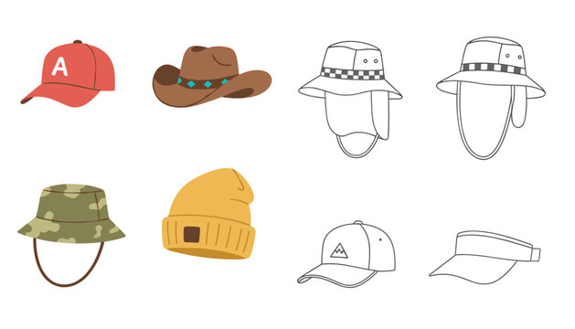 Diverse collection of various hats and headwear designs featuring baseball cap, cowboy hat, winter beanie, and sun visors.