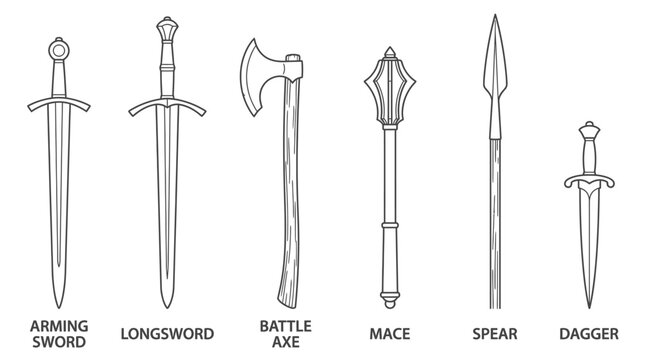 Set of medieval weapons including swords axe mace spear and dagger line art icons.