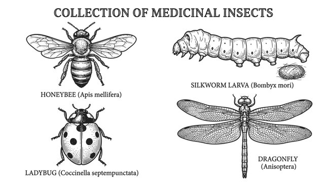 Vintage style scientific illustration showing a collection of various medicinal insects including honeybee silkworm ladybug and dragonfly.