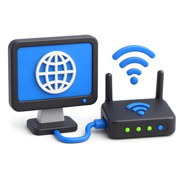 icon depicting a computer monitor connected to a WiFi router, symbolizing internet connection, networking, and online access