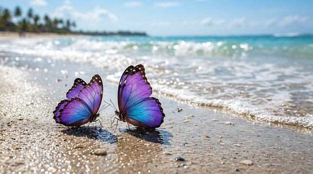 Two beautiful colorful butterflies resting on the wet sand of a tropical beach during a sunny summer day