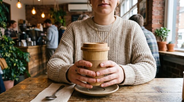 Close up of woman hands holding reusable bamboo coffee cup with lid in cozy cafe, sustainable lifestyle and eco friendly, drinking hot beverage in morning, zero waste living