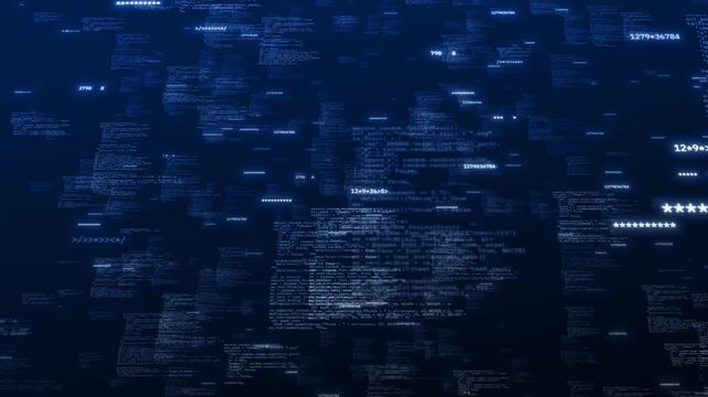 Digital programming map screen visual blurred code fragments, bright numeric labels, blue global layout. for developer content, software tutorials, cyber reports, data analysis, tech motion graphics.