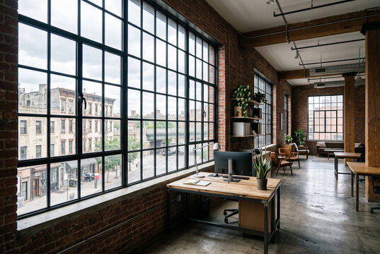 Industrial steel grid window in converted warehouse office interior