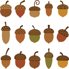 Autumn acorn flat vector illustration collection featuring various oak acorns for fall, harvest, woodland and botanical seasonal designs isolated on white background © Arafat