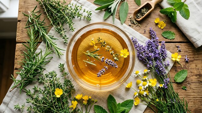A glass bowl of golden herbal tea with fresh lavender sprigs and aromatic medicinal herbs on a rustic wooden table