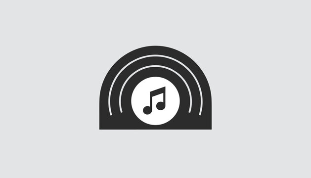 Classic vinyl record icon with a white circle and musical note in the center, isolated against a simple grey background.