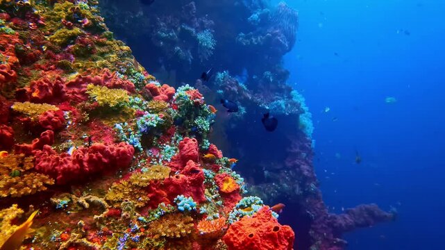 View of vibrant coral reef with colorful tropical fish swimming in deep blue ocean waters in Bali, Indonesia.