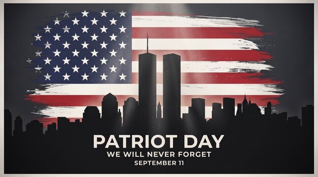 Patriot day memorial graphic with silhouette skyline and american flag, memorial