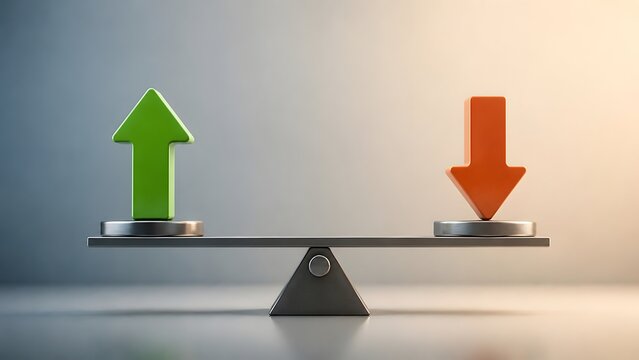 Business stability and financial balance concept with green upward and red downward arrows on metal scale