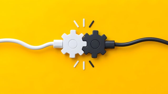 Technology integration and business synergy concept with interlocking black and white gears connecting via cables on yellow background