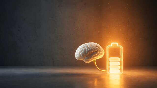 Mental energy and cognitive power concept with human brain connected to fully charged glowing battery on dark concrete background