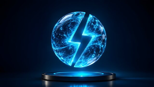 Clean electric energy power concept with glowing blue crystalline sphere and lightning bolt symbol hovering over futuristic pedestal