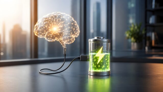 Artificial intelligence cognitive power concept with glowing digital brain connected to fully charged green battery against modern city background